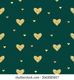 Vector seamless pattern with gold hearts on a green background. Sparkling sequins.