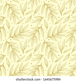 Vector seamless pattern with gold leaves on twigs; abstract natural design for fabric, wallpaper, textile, packages, wrapping paper, web design.