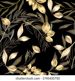 Vector seamless pattern with gold  leaves. Exotic botanical background design for cosmetics, spa, textile. Best as wrapping paper, wallpaper.