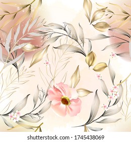Vector seamless pattern with gold  leaves and watercolor rose flowers. Exotic botanical background design for cosmetics, spa, textile. Best as wrapping paper, wallpaper.