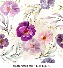 Vector seamless pattern with gold  leaves and watercolor rose flowers. Exotic botanical background design for cosmetics, spa, textile. Best as wrapping paper, wallpaper.