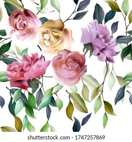 Vector seamless pattern with gold  leaves and watercolor rose flowers. Exotic botanical background design for cosmetics, spa, textile. Best as wrapping paper, wallpaper.