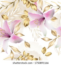 Vector seamless pattern with gold leaves and watercolor lily flowers. Exotic botanical background design for cosmetics, spa, textile. Best as wrapping paper, wallpaper.