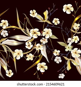 Vector seamless pattern with gold  leaves. Exotic botanical background design for cosmetics, spa, textile. Best as wrapping paper, wallpaper.