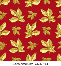 Vector seamless pattern with gold  leaves on red  background.