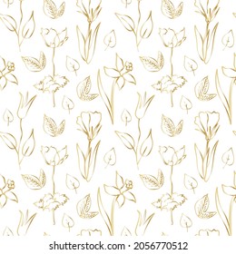 Patrón vectorial sin fisuras con flores de jardín de línea dorada sobre fondo blanco aislado. Papel de impresión floral pintado a mano.Diseño para envolver papel, embalaje, textiles, tela, fondo, papel pintado, papel de scrapbook.