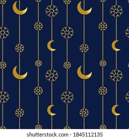 Vector seamless pattern with gold moon and glitter snowflakes for fabrics, paper, textile, gift wrap isolated on black blue background