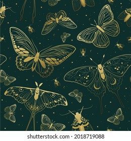 Vector seamless pattern with gold moon moth and stars. Contemporary composition. Trendy texture for print, textile, packaging.