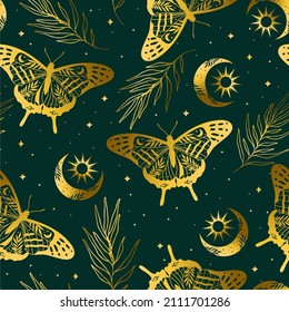 Vector seamless pattern with gold moon moth and stars. Contemporary composition. Trendy texture for print, textile, packaging.