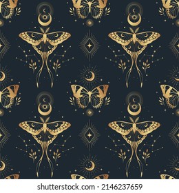 Vector seamless pattern with gold moon moth and stars. Contemporary composition. Trendy texture for print, textile, packaging.