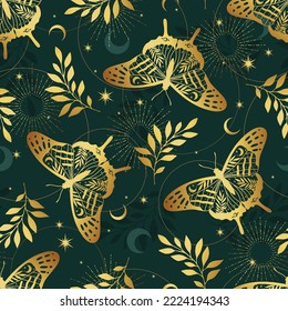 Vector seamless pattern with gold moon moth and stars. Contemporary composition. Trendy texture for print, textile, packaging.