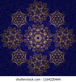 Vector seamless pattern with gold ornament. Golden texture on a blue background.