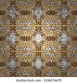 Vector seamless pattern with gold ornament. Ornamental lace tracery. Golden ornate illustration for wallpaper. Vintage golden elements in Eastern style. Traditional arabic decor on a background.