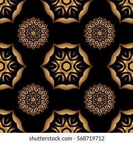 Vector seamless pattern with gold ornament. Golden texture on a black background.