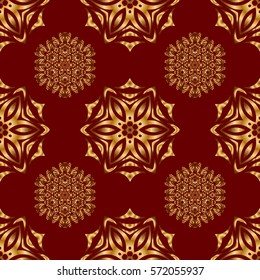 Vector seamless pattern with gold ornament. Golden texture on a red background.