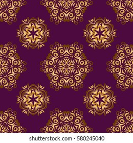 Vector seamless pattern with gold ornament. Golden texture on a purple background.