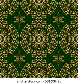 Vector seamless pattern with gold ornament. Golden texture on a green background.