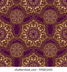 Vector seamless pattern with gold ornament. Golden texture on a purple background.