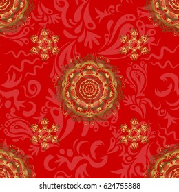 Vector seamless pattern with gold ornament. Golden texture on a red background.