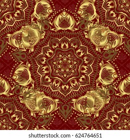 Vector seamless pattern with gold ornament. Golden texture on a red background.