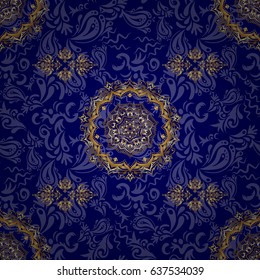 Vector seamless pattern with gold ornament. Golden texture on a blue background.
