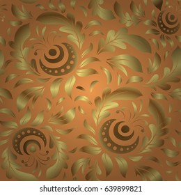 Vector seamless pattern with gold ornament. Golden texture on a brown background.