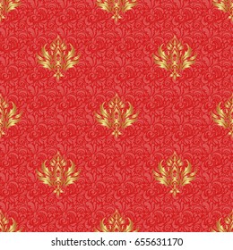 Vector seamless pattern with gold ornament. Ornamental lace tracery. Vintage golden elements in Eastern style. Golden ornate illustration for wallpaper. Traditional arabic decor on a red background.
