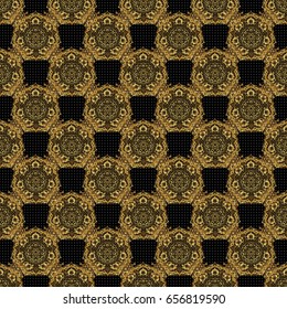 Vector seamless pattern with gold ornament. Golden ornate illustration for wallpaper. Vintage golden elements in Eastern style. Traditional arabic decor on a black background. Ornamental lace tracery.