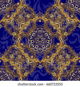 Vector seamless pattern with gold ornament. Golden texture on a blue background.