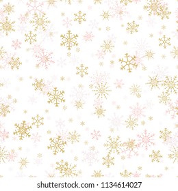 Vector seamless pattern of gold and pink snowflakes. Snowflakes seamless pattern. 