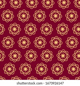 Vector seamless pattern with gold stars and flowers on a red background. Endless Christmas texture. Modern printing. Beautiful ornament for wrapping paper, gift packaging, textiles.