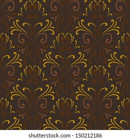 Vector seamless pattern, gold symmetrical vignettes on dark background