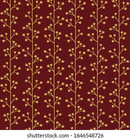 Vector seamless pattern with gold vertical branches and berries on dark red background; abstract floral design for fabric, wallpaper, textile, web design.