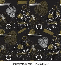 Vector seamless pattern with gold, white abstract brush strokes, leaves on black isolated background. Modern artistic background for wallpaper, fabric, prints, cards, packaging. 