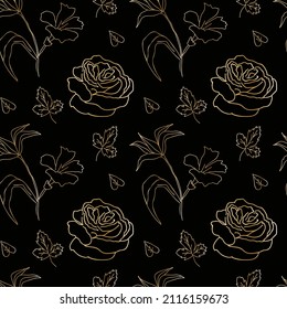 Vector seamless pattern with gold wildflowers on black background in doodle.Textural,botanical,summer print in hand dr style.Design for fabric, wrapping paper ,packaging, textiles, wallpaper.