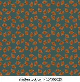 Vector seamless pattern with golden autumn leaves on dark green background