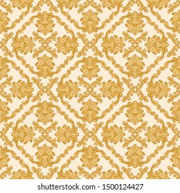 Vector seamless pattern from golden Baroque scrolls, acanthus leaf and floral elements on a beige background. Scarf, bandana , neckerchief silk print design, wallpaper, Talavera ceramic tile paint