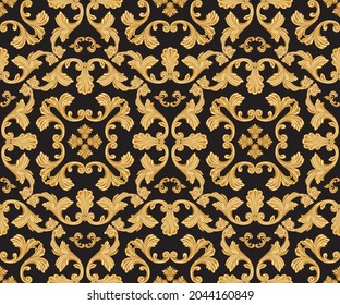 Image vectorielle motif harmonieux de parchemins baroques dorés, feuilles d'acanthus et éléments floral sur fond noir. Écarf, bandana, cravate, dessin en soie de mouchoir, fond d'écran, papier d'emballage