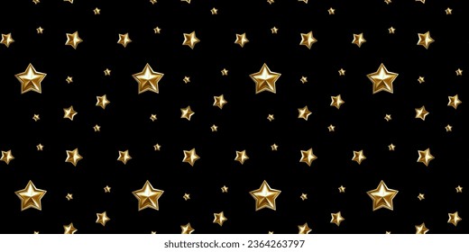 Vector seamless pattern with golden beautiful big and little star on black night background. 3d style design with golden star for web, site, banner, poster