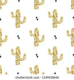 Vector seamless pattern with golden cactuses and triangles. Modern design for fashion, print, poster, card, textile. Scandinavian style.