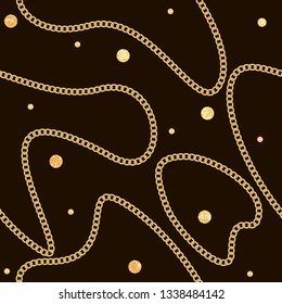 Vector seamless pattern of golden chain and foil confetti on black background. Repeat trendy backdrop