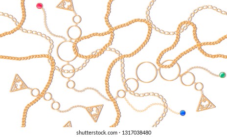 Vector seamless pattern with golden chains, pendants and large golden rings of bracelets on a light background. Luxurious illustrations for printing on textiles, fashionable dresses, scarves.