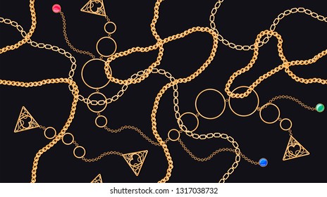 Vector seamless pattern with golden chains, pendants and large golden rings of bracelets against a dark background. Luxurious illustrations for printing on textiles, fashionable dresses, scarves.