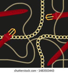 Vector seamless pattern of golden chains. Design element for fabric, textile, wallpaper, scrapbooking or etc. Trendy repeating print. Isolated on black background.