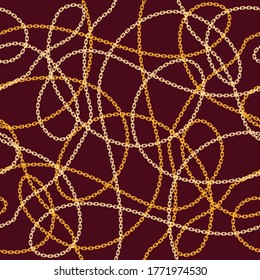 Vector seamless pattern with golden chains on a dark red background.