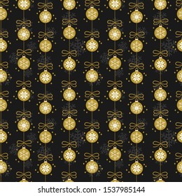 Vector seamless pattern with golden Christmas balls on black background. Vertical Christmas garlands for greeting card, gift box, wallpaper, fabric, textile, package, web design.