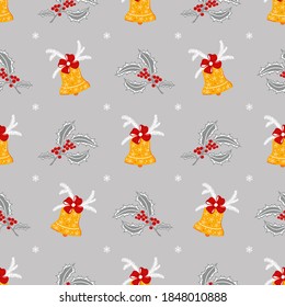 Vektor Nahtloses Muster der goldenen Weihnachtsglocke mit rotem Bow. Hintergrund der handgezeichneten Doodle-Steinglocken mit Ribbon und Holly Berries und Blättern. Winterferien, Weihnachten und Neujahrsdesign