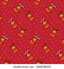 Vector seamless pattern of golden christmas bell with bow on red background with snowflake pattern, Christmas decoration, wrapping paper, surface textures, textile,happy greeting cards,Winter Holiday.