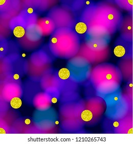 Vector Seamless Pattern: Golden Circles Flying on Galaxy Blurred Background, Colorful Festive Illustration.