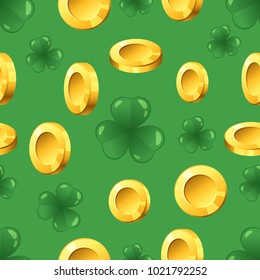 Vector seamless pattern with golden coins and shamrock on green background. St. Patrick's day ornament.
